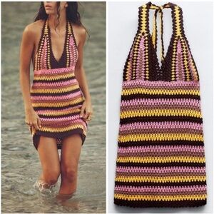 💗ZARA Striped Zigzag Crochet Halter Dress💗SZ S💗NWT